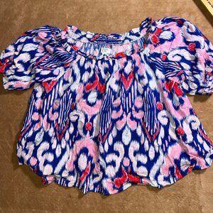Crown‎ & Ivy Women Medium Blue Pink Ikat 3/4 Sleeve Off the Shoulder Blouse (R)